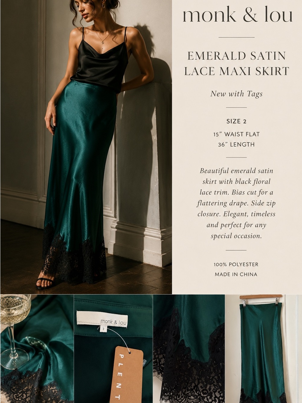 Monk & Lou Emerald Satin Lace Maxi Skirt NWT Size 2